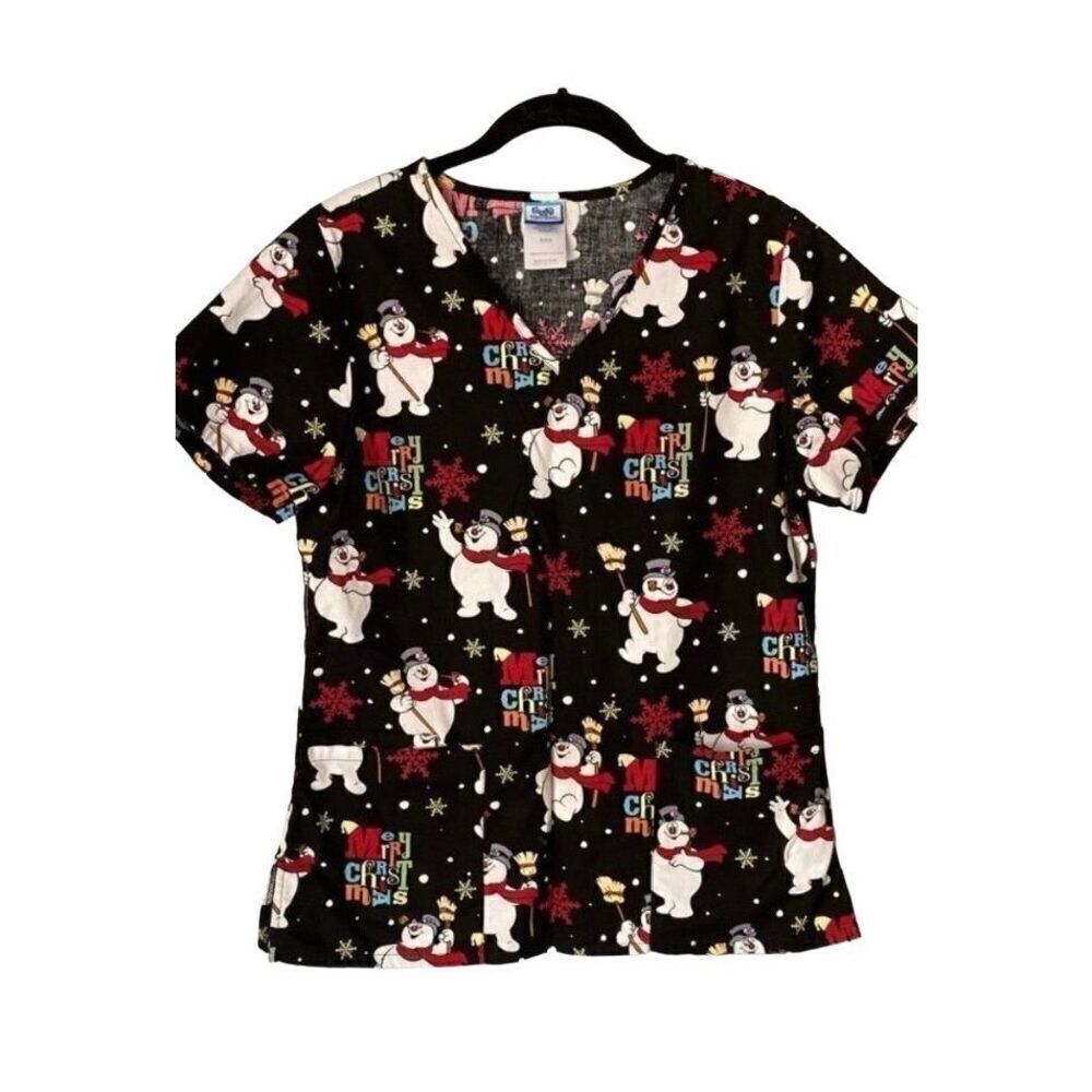 Frosty the Snowman women’s black short sleeve Christmas nursing scrub S/SM ￼